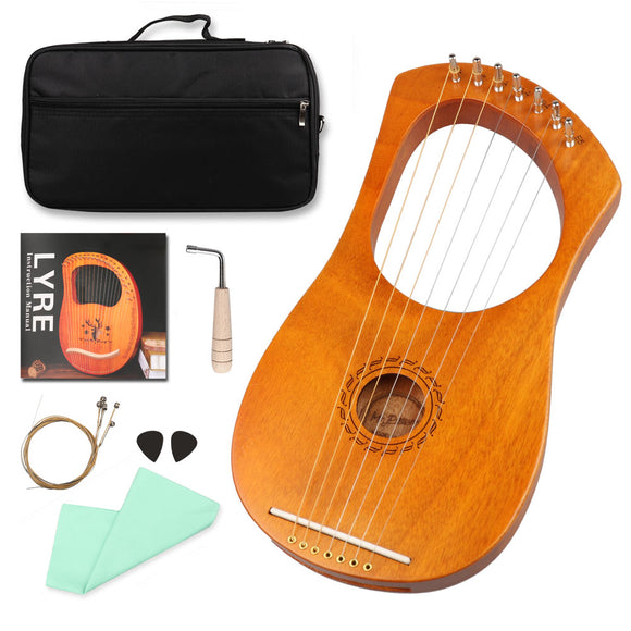 Mr.Power 7 Metal Strings Lyre Harp Ancient Greece Style Harps with Tuning Wrench, Extra String Set, Cleaning Cloth, Black Carry Bag (7 String, Natural Wood)